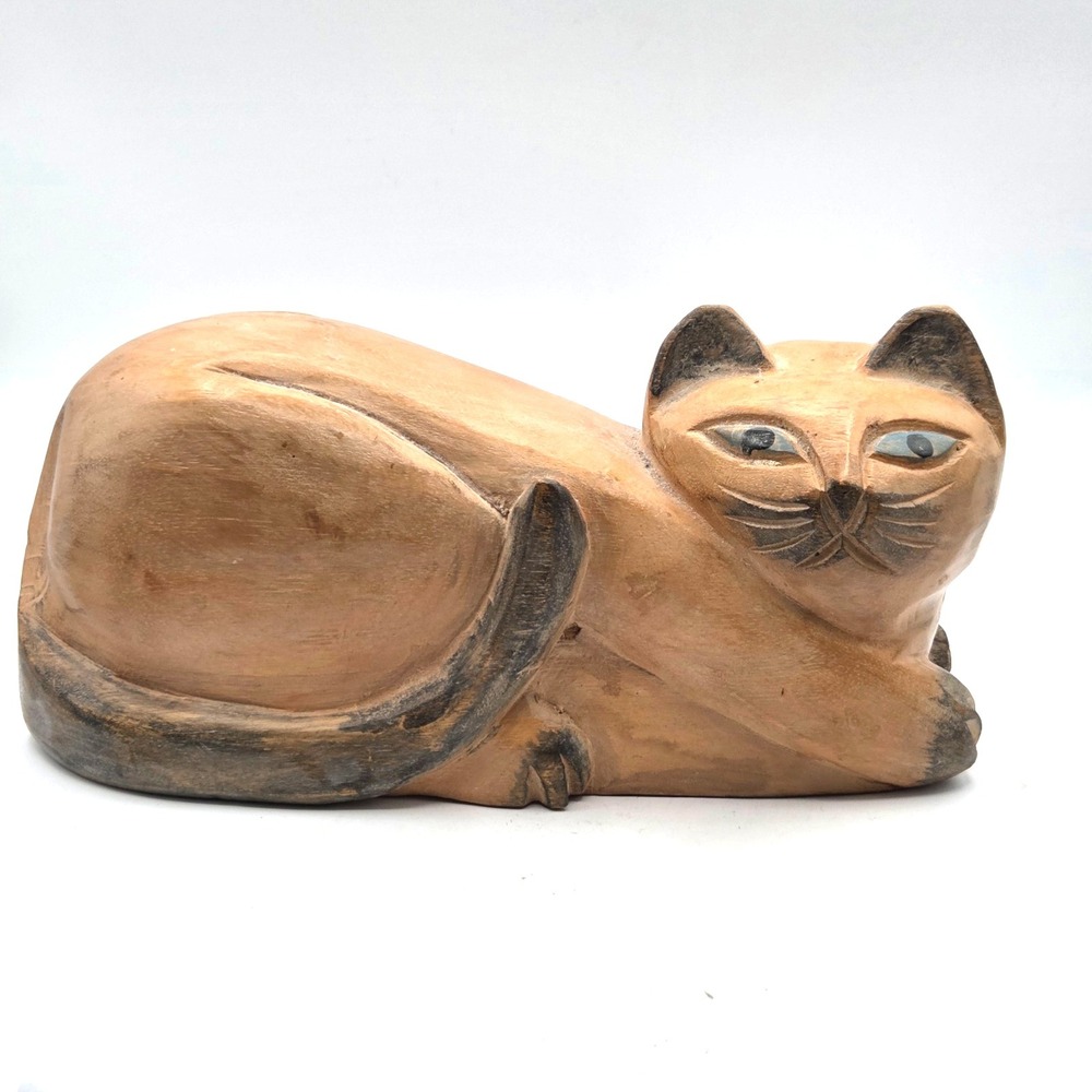 1990s Hand-Carved Wooden Cat Folk Art Figurine Retro‎ Home Decor 11" Heavy